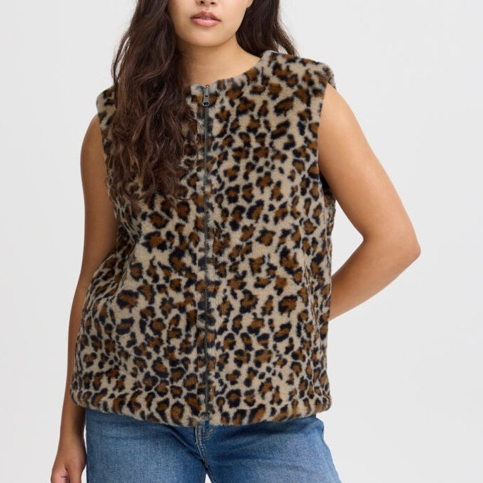 Ichi Animal Print Zipped Gilet