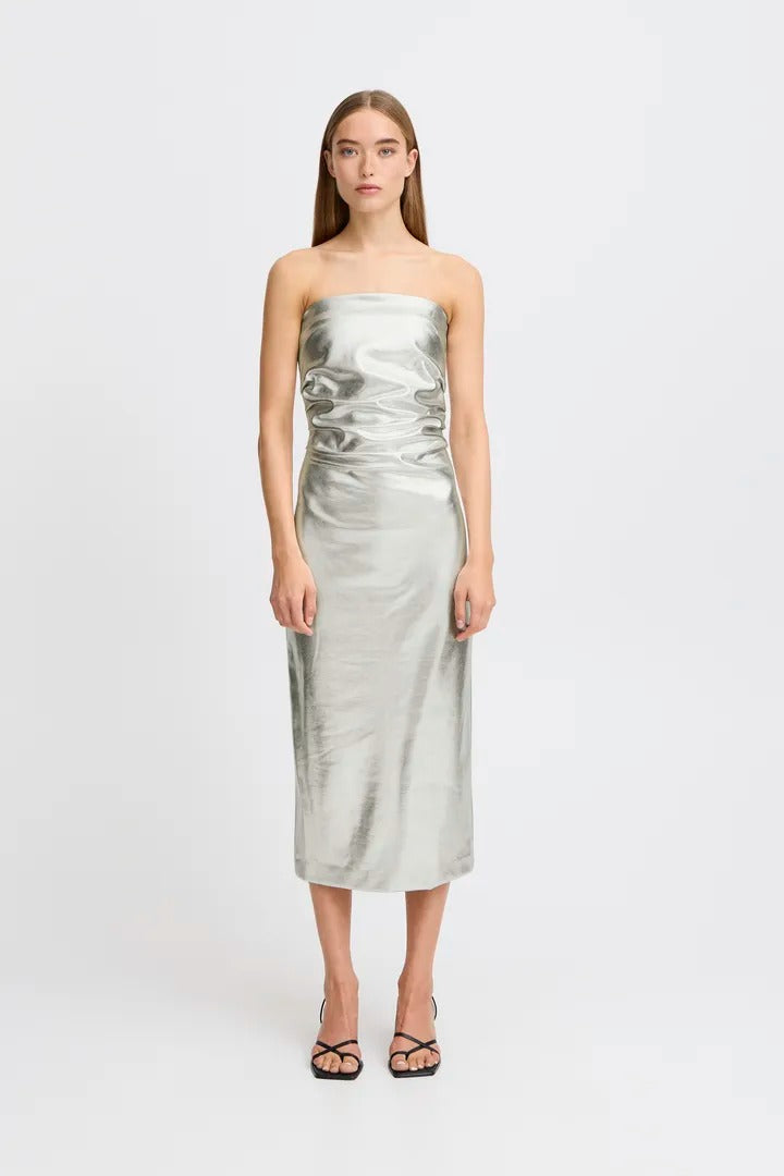 Ichi Bandeau Metallic Midi Dress