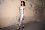 Load image into Gallery viewer, Ichi Bandeau Metallic Midi Dress
