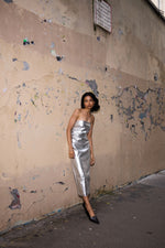 Load image into Gallery viewer, Ichi Bandeau Metallic Midi Dress
