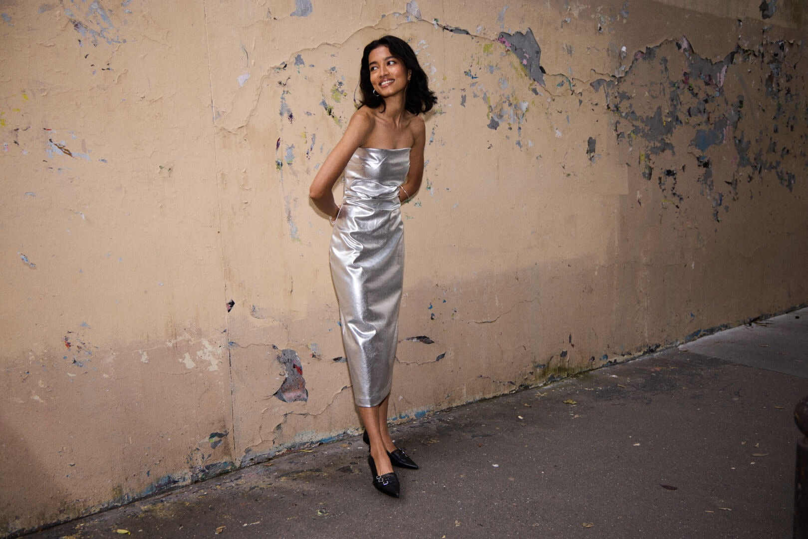 Ichi Bandeau Metallic Midi Dress