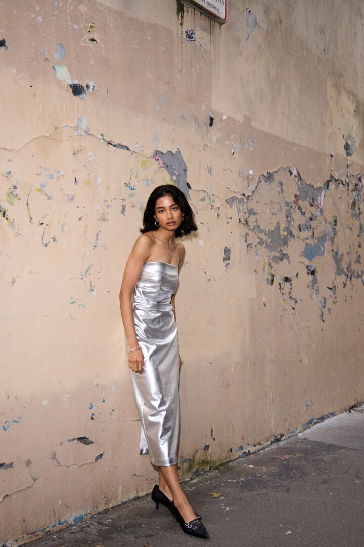 Ichi Bandeau Metallic Midi Dress